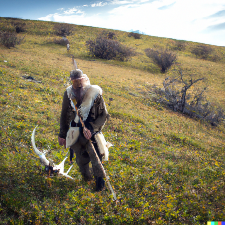 Huntsman hunting outdoors in the mountains.